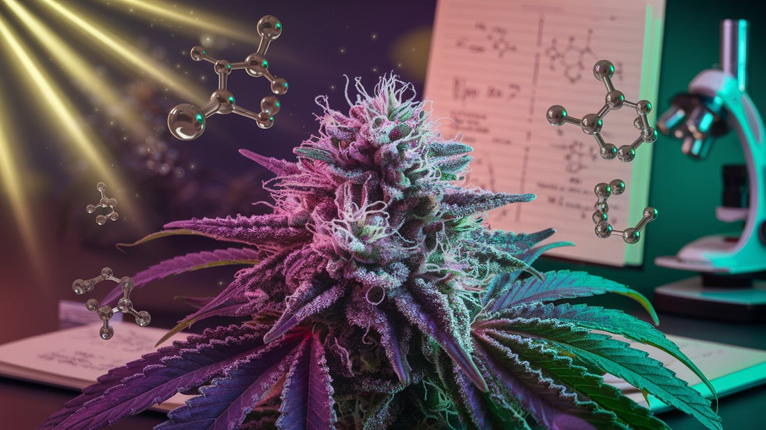 Makroaufnahme einer CBD-Hanfblüte mit glitzernden Terpen-Trichomen, umgeben von Myrcen-Molekülstrukturen und goldenen Lichtstrahlen.