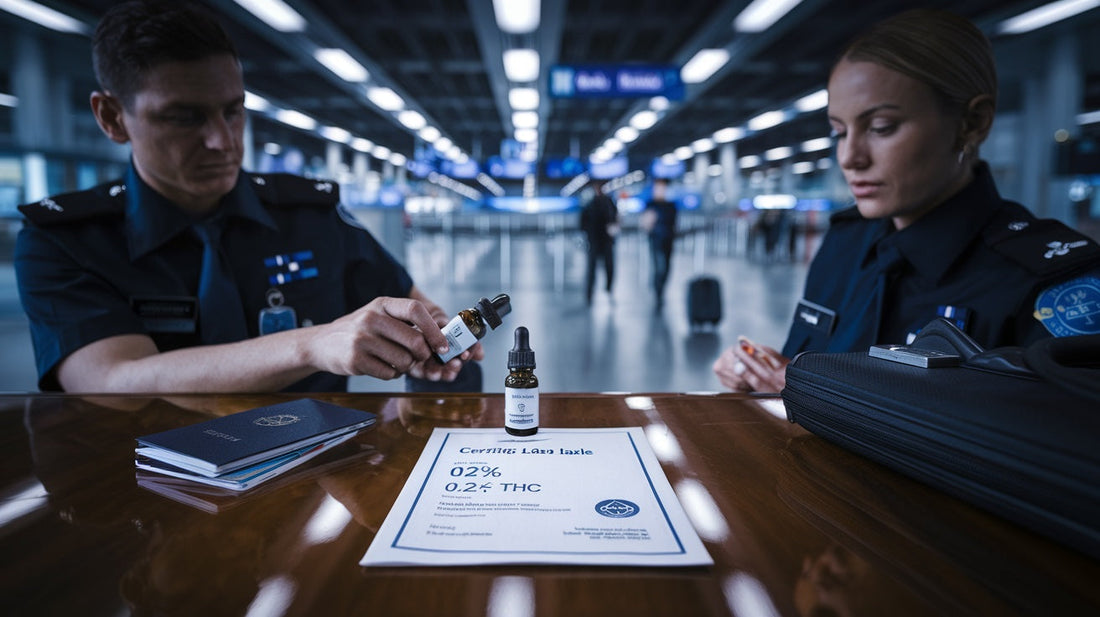 Zollbeamte prüfen CBD-Produkte mit einem Laborzertifikat auf einem Tisch mit Reisedokumenten