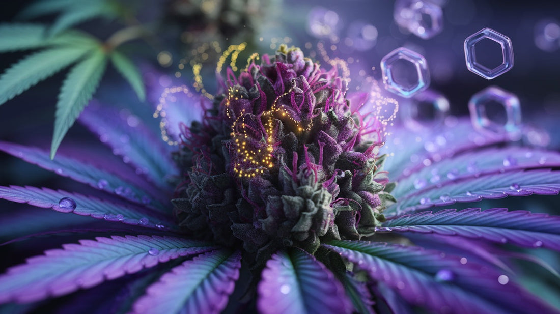 Flavonoide in CBD-Blüten: Mikroskopische Ansicht von leuchtenden Pflanzenstoffen in einer Hanfblüte mit CBD-Molekülen und Terpenen im Hintergrund.