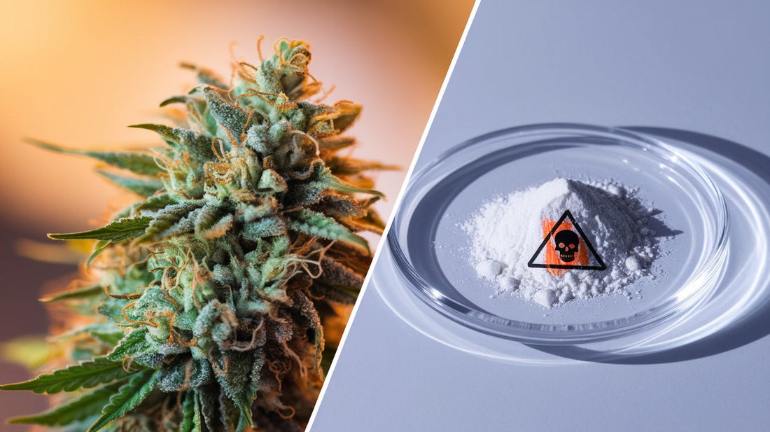 Vergleich von natürlichen CBD-Blüten auf der linken Seite und weißem Isolatpulver mit Toxizitätswarnung auf der rechten Seite.