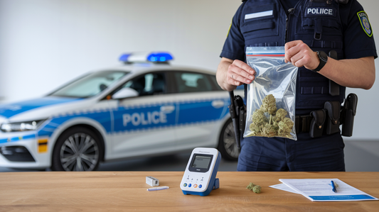 Polizei kontrolliert einen Fahrer mit CBD-Blüten im Auto – realistische Darstellung einer Verkehrssituation.