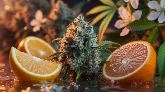 CBD-Blüte mit Zitrusfrüchten, Terpen Kristallen und Blumen im fokus 