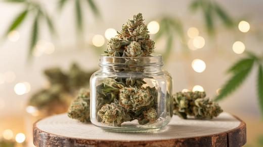 CBD-Blüten in einer eleganten Glasdose auf einem Holztisch